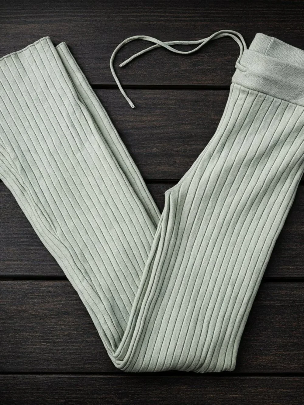 Beige Light Sage Ribbed Knit Lounge Pants Wide Waistband Flare Cozy Minimal - Picture 1 of 10